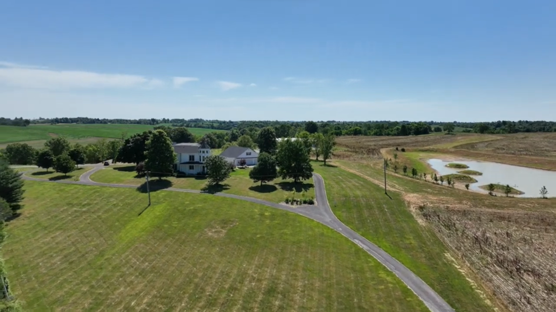 a landscape of road, trees, lake, and houses