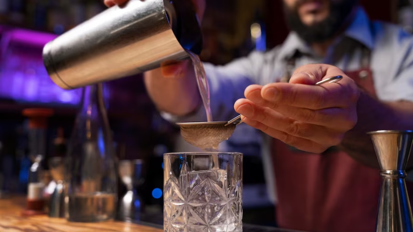 Bartender crafting drinks on a bar counter.